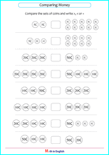 compare sets of Euro coins money worksheet