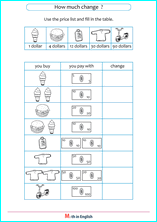 Grade 1 Dollar bills up to 100 math school worksheets for primary and