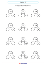 number bonds with a sum of 20 worksheet