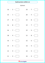 printable math single digit subtraction worksheets for kids in primary and elementary math class 