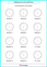 Draw hands on clocks to half hour