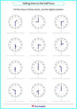 Draw hands on clocks to half hour