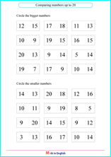 comparing numbers up to 20 worksheet