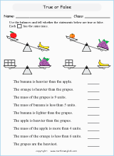 Mass and weight measurement math worksheets for primary students.