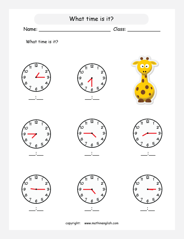 telling time worksheets for primary math