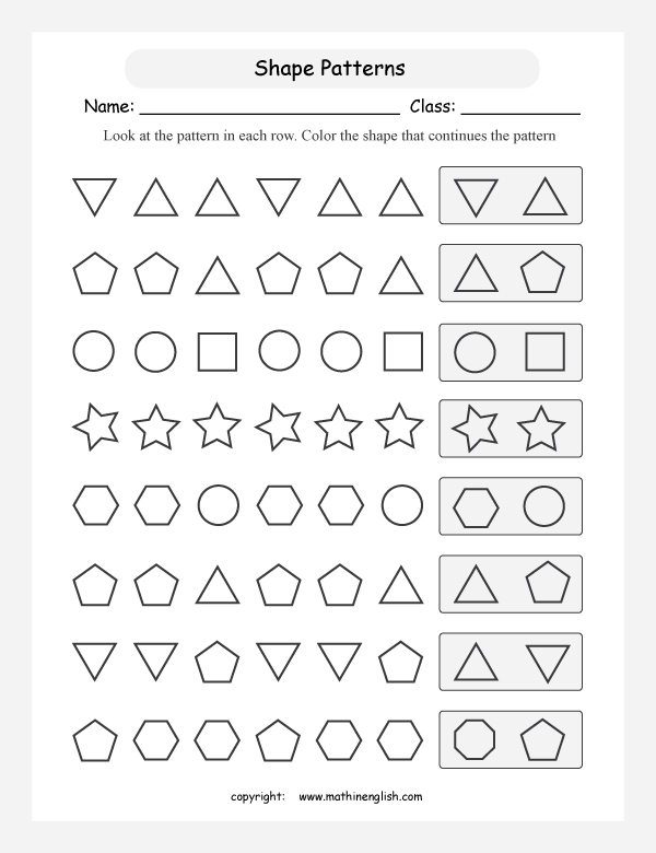 patterns with shapes geometry math worksheets for primary math class 