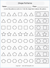 patterns with shapes geometry math worksheets for primary math class 