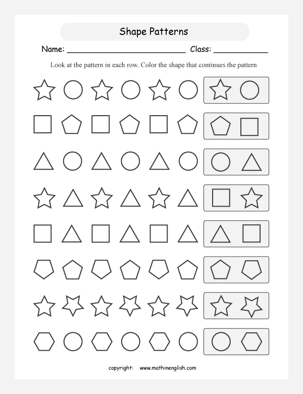 patterns with shapes geometry math worksheets for primary math class 