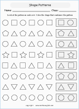 patterns with shapes geometry math worksheets for primary math class 