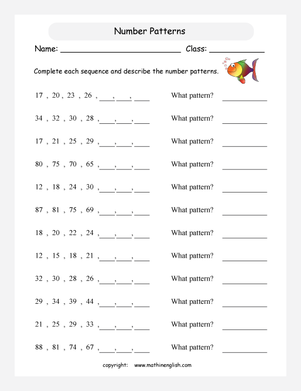 printable math number pattern worksheets for kids in primary and elementary math class 