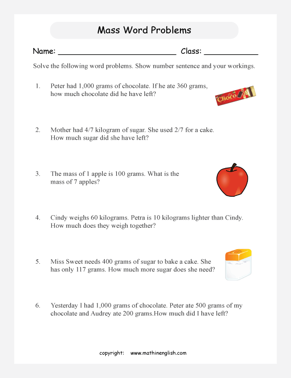 mass and weight word problem worksheets for primary math  