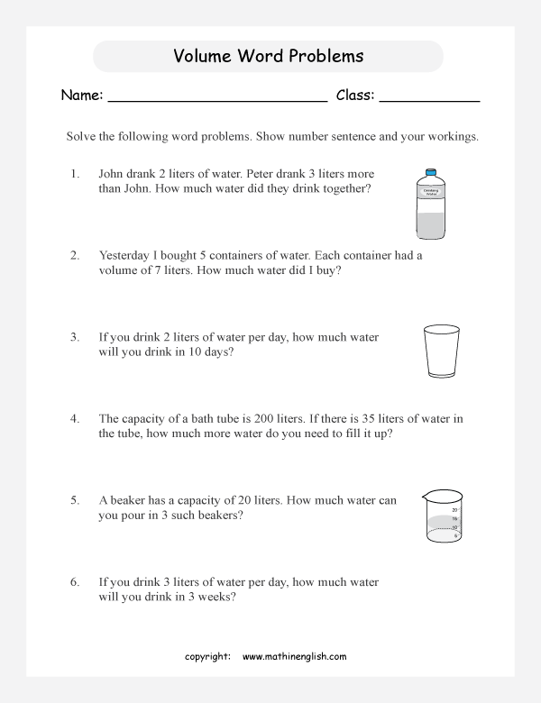 volume and capacity word problems worksheets for primary math