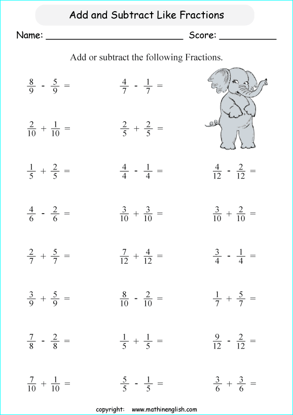 printable adding like fractions worksheets for kids in primary and elementary math class 