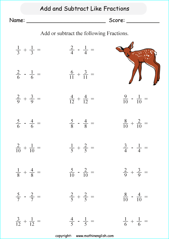 printable math like fraction subtraction worksheets for kids in primary and elementary math class 