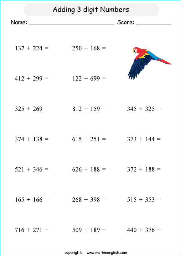 printable math addition 3 digits worksheets