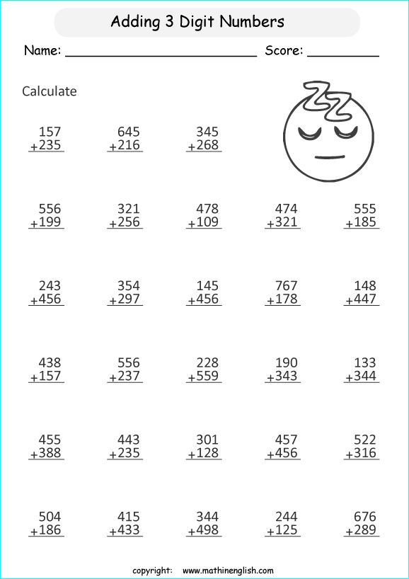 printable math addition 3 digits worksheets