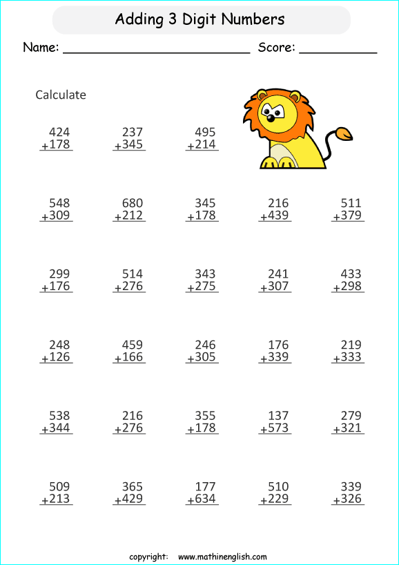 printable math addition 3 digits worksheets