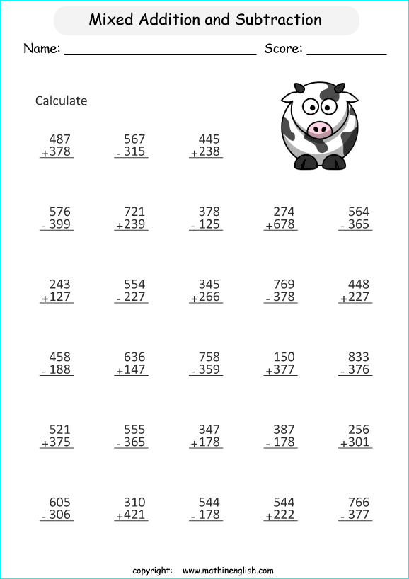 mixed addition and subtraction 3 digit numbers printable