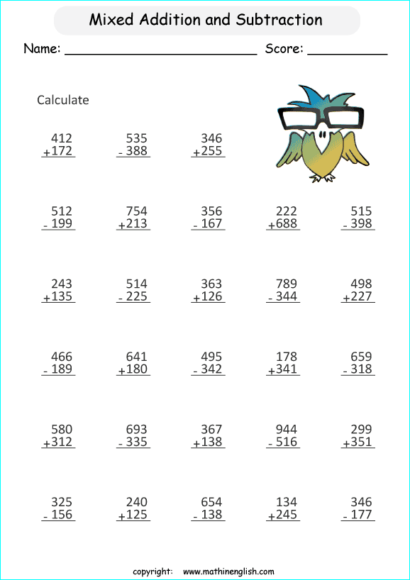 printable math addition subtraction mixed worksheets