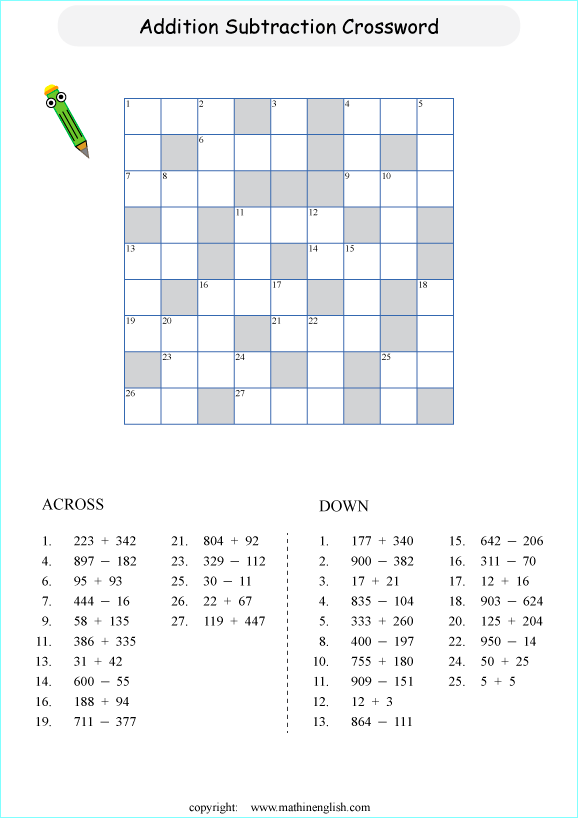 printable math addition crosswords worksheets