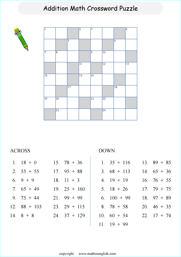 printable math addition crosswords worksheets