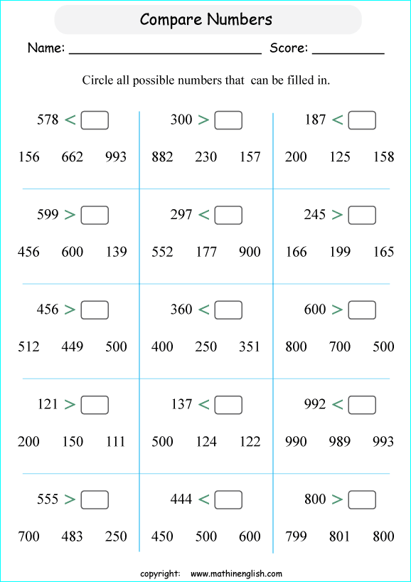 printable math comparing and ordering up to 1,000 worksheets for kids in primary and elementary math class 