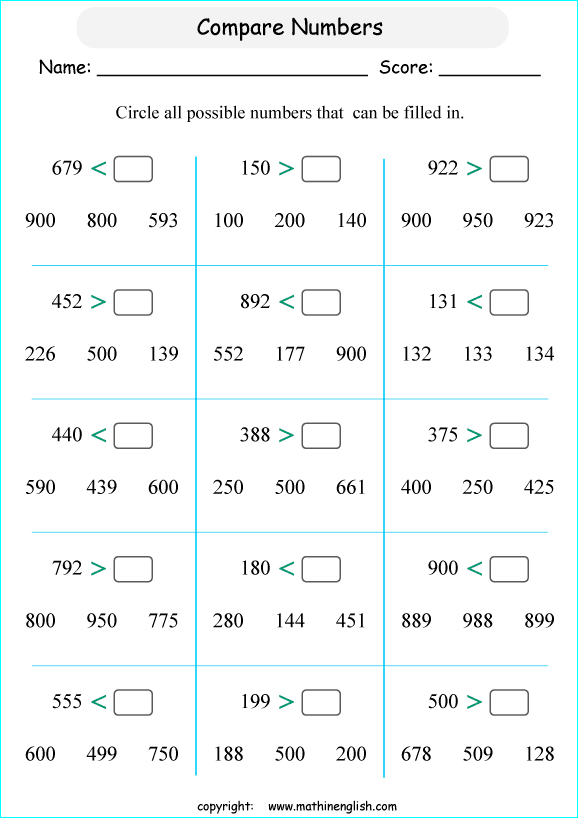 printable math comparing and ordering up to 1,000 worksheets for kids in primary and elementary math class 