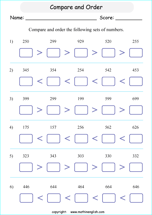 printable math comparing and ordering up to 1,000 worksheets for kids in primary and elementary math class 