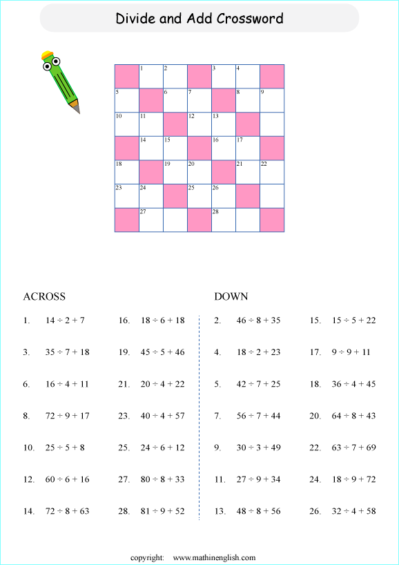 printable math addition crosswords worksheets