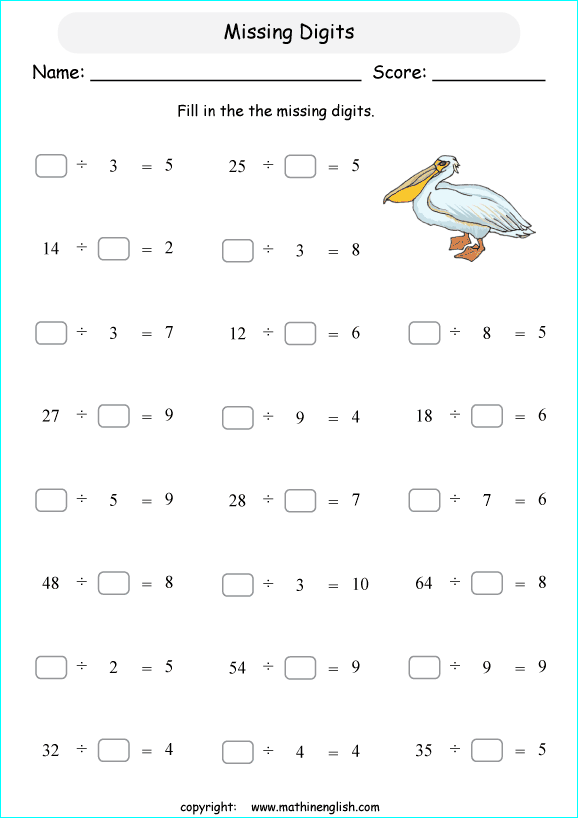 printable math missing numbers division worksheets for kids in primary and elementary math class 