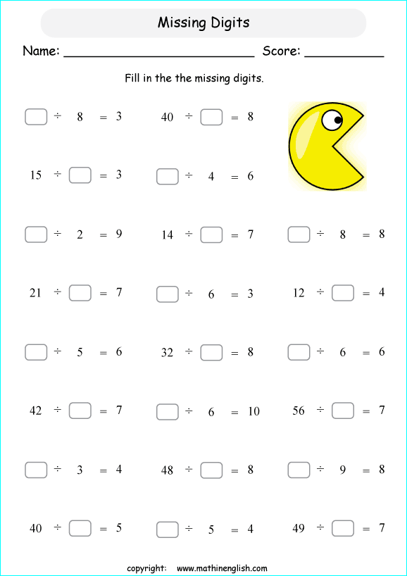 printable math missing numbers division worksheets for kids in primary and elementary math class 