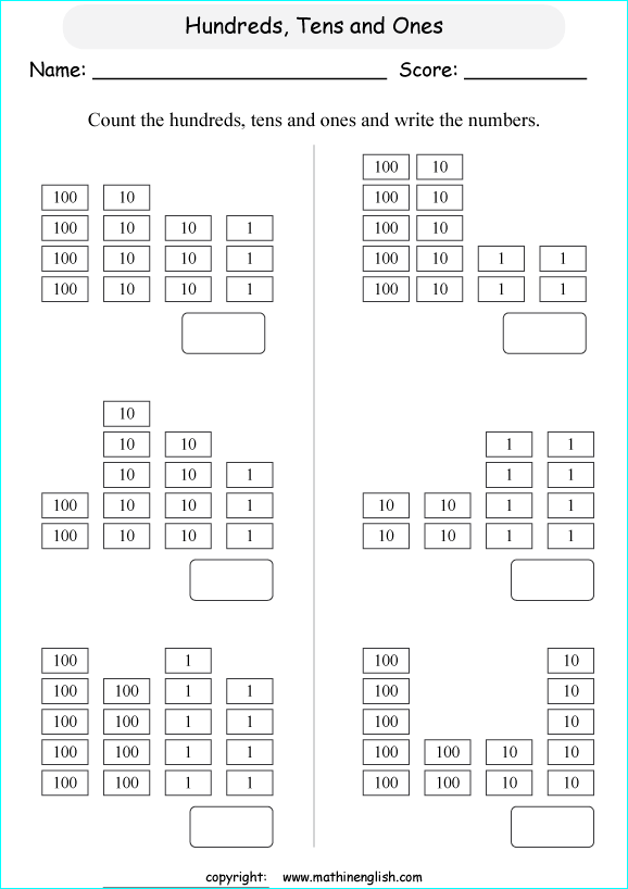 printable math place value of 3 digit number worksheets for kids in primary and elementary math class 