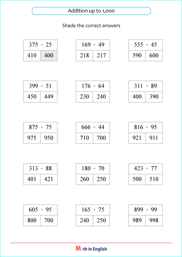 addition up to 1,000 worksheet