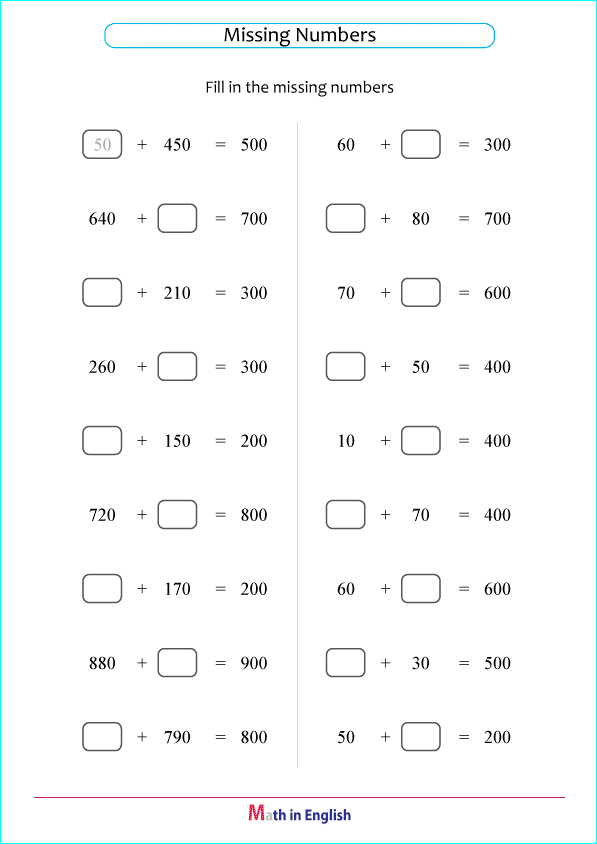 missing addends with sum up to 1,000