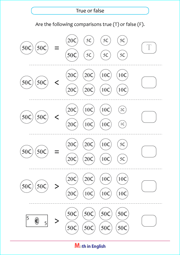 counting Euro money worksheet