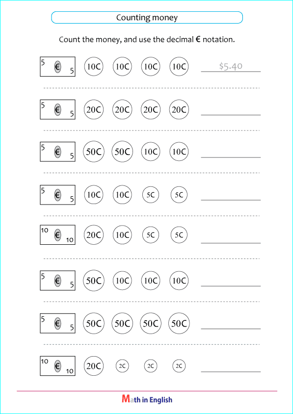 counting Euro coins worksheet