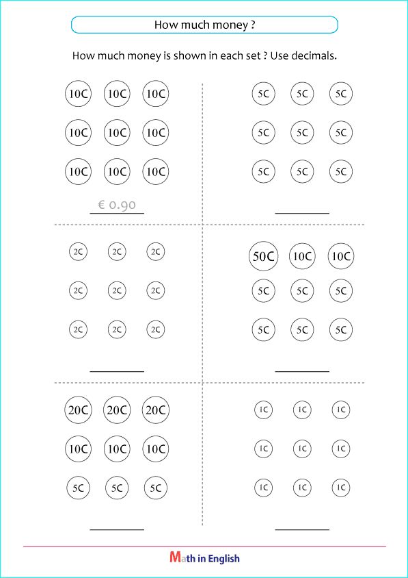 counting Euro coins worksheet