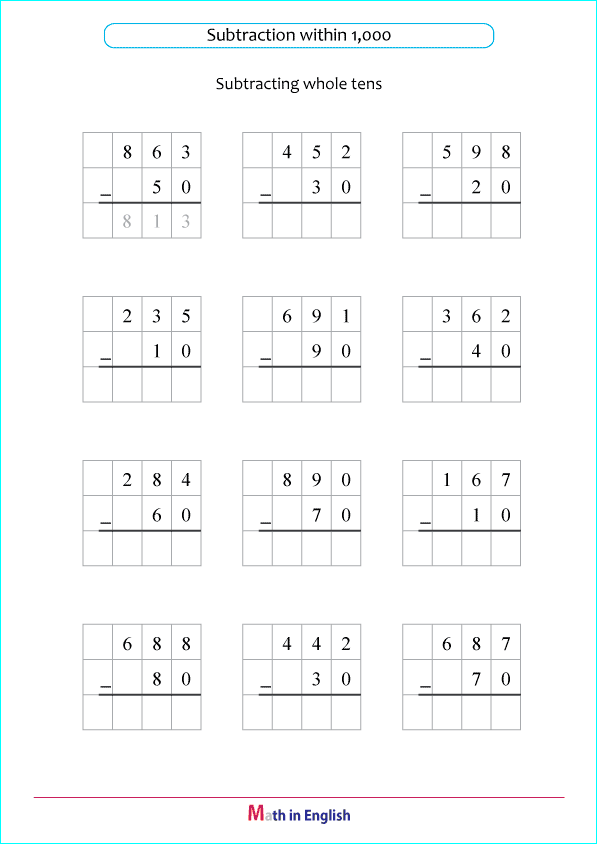 subtraction of whole tens