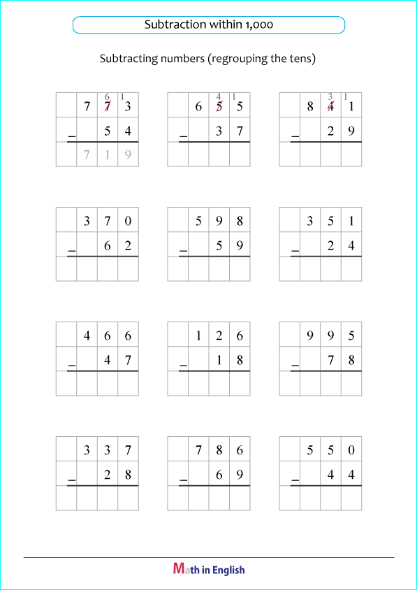 subtraction within 1,000 with borrowing