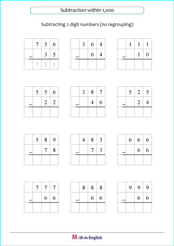 subtract 2 digit numbers from 3 digit numbers