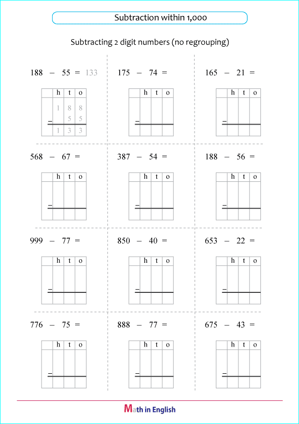 subtract 2 digit numbers from 3 digit numbers