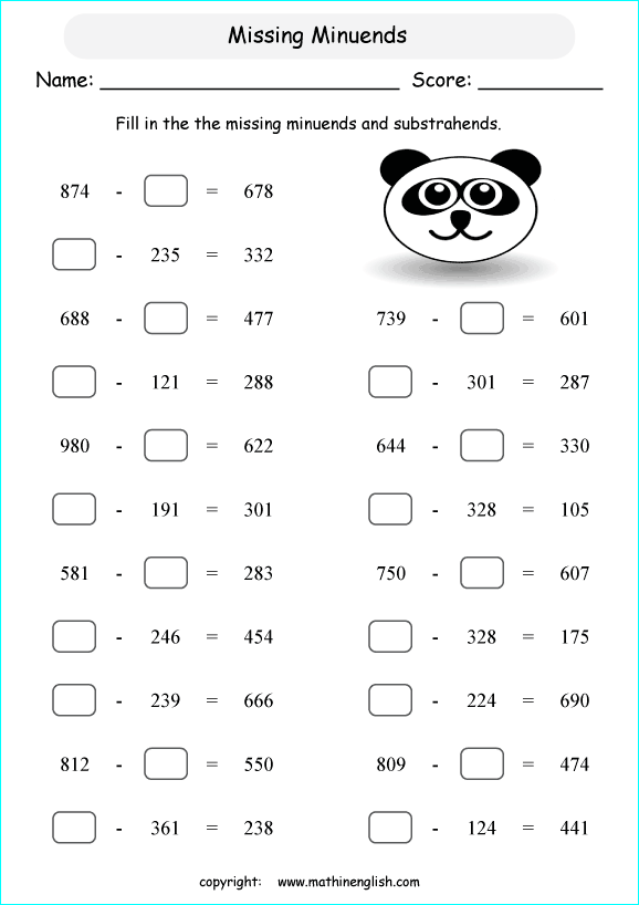 printable math missing numbers subtraction worksheets for kids in primary and elementary math class 