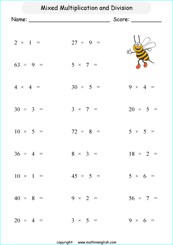 Mixed multiplication and Division Facts Printable grade 2 Math Worksheet