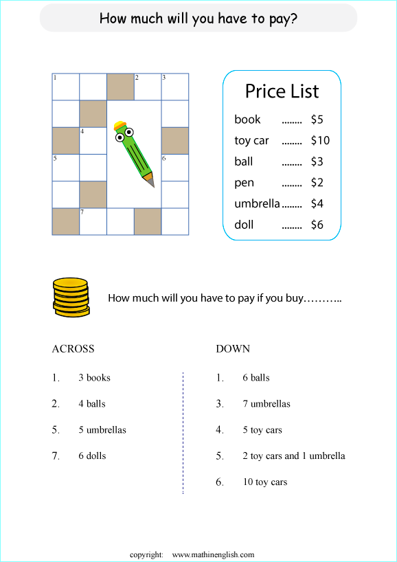 printable math multiplication crossword puzzle worksheets for kids in primary and elementary math class 