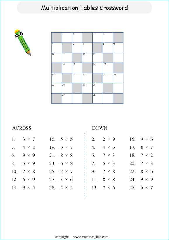 printable math multiplication crossword puzzle worksheets for kids in primary and elementary math class 