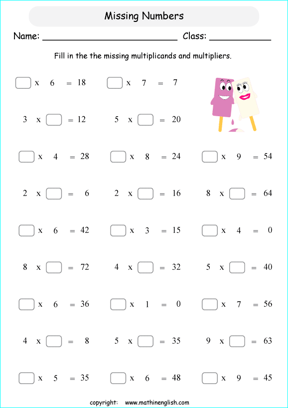 printable math multiplication missing numbers worksheets for kids in primary and elementary math class 