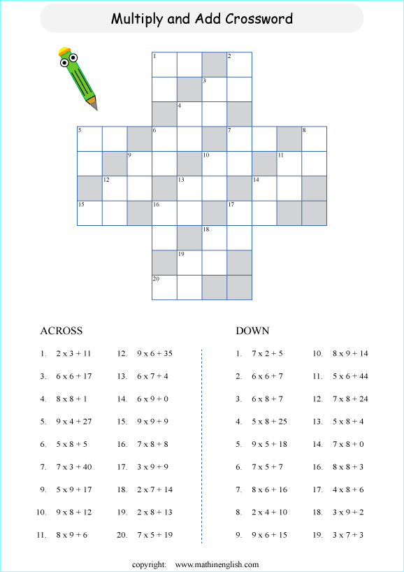 printable math multiplication crossword puzzle worksheets for kids in primary and elementary math class 