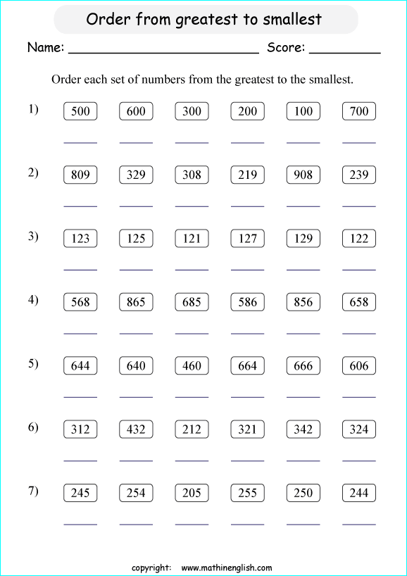 printable math comparing and ordering up to 1,000 worksheets for kids in primary and elementary math class 