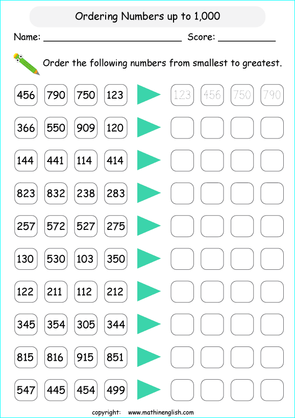 printable math comparing and ordering up to 1,000 worksheets for kids in primary and elementary math class 