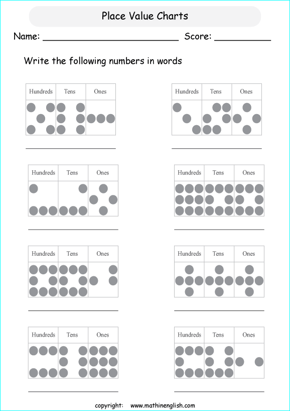 printable math place value of 3 digit number worksheets for kids in primary and elementary math class 